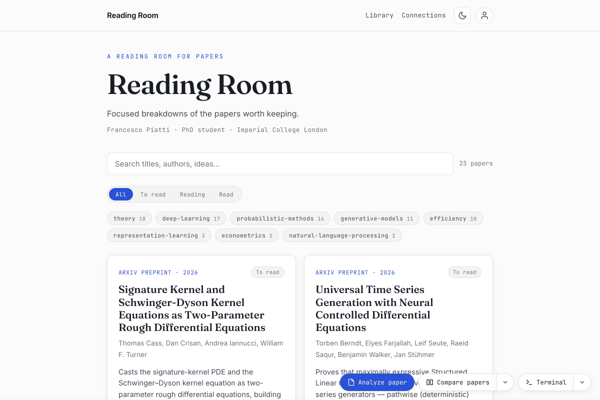 The one-click Analyze flow: entering a paper, the assistant reading it, and the report page building.