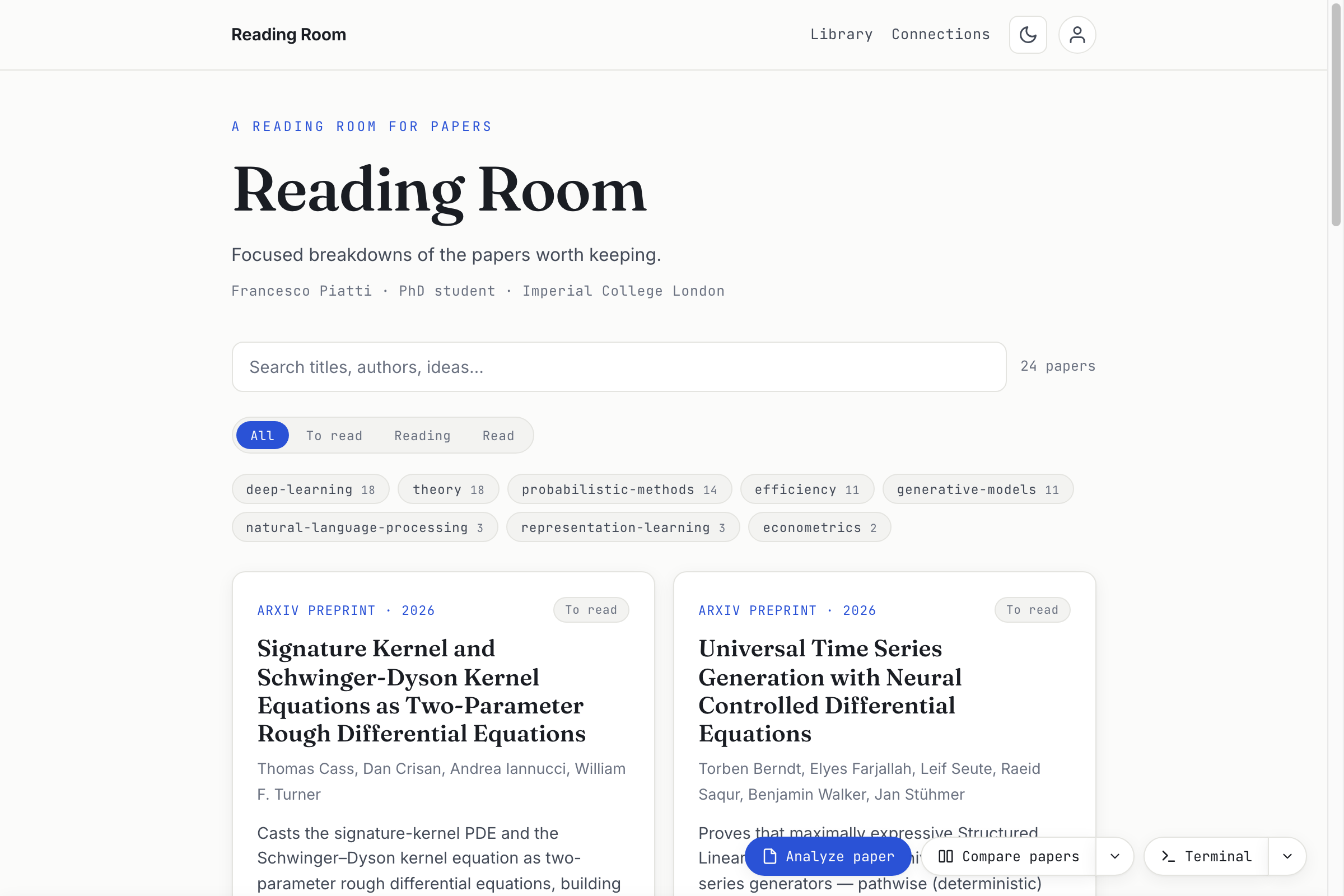 The Reading Room catalogue: a searchable grid of paper cards with tags and reading status.