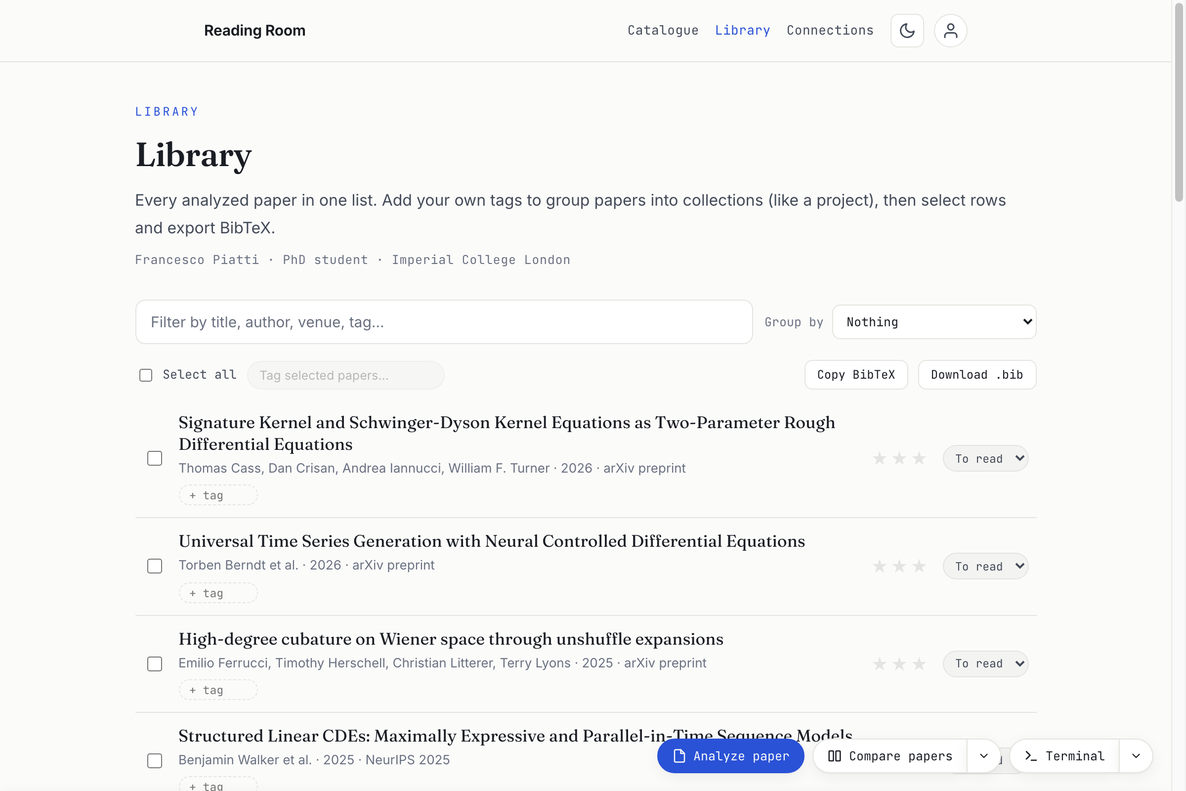 The library page: a grouped list of references with BibTeX export.