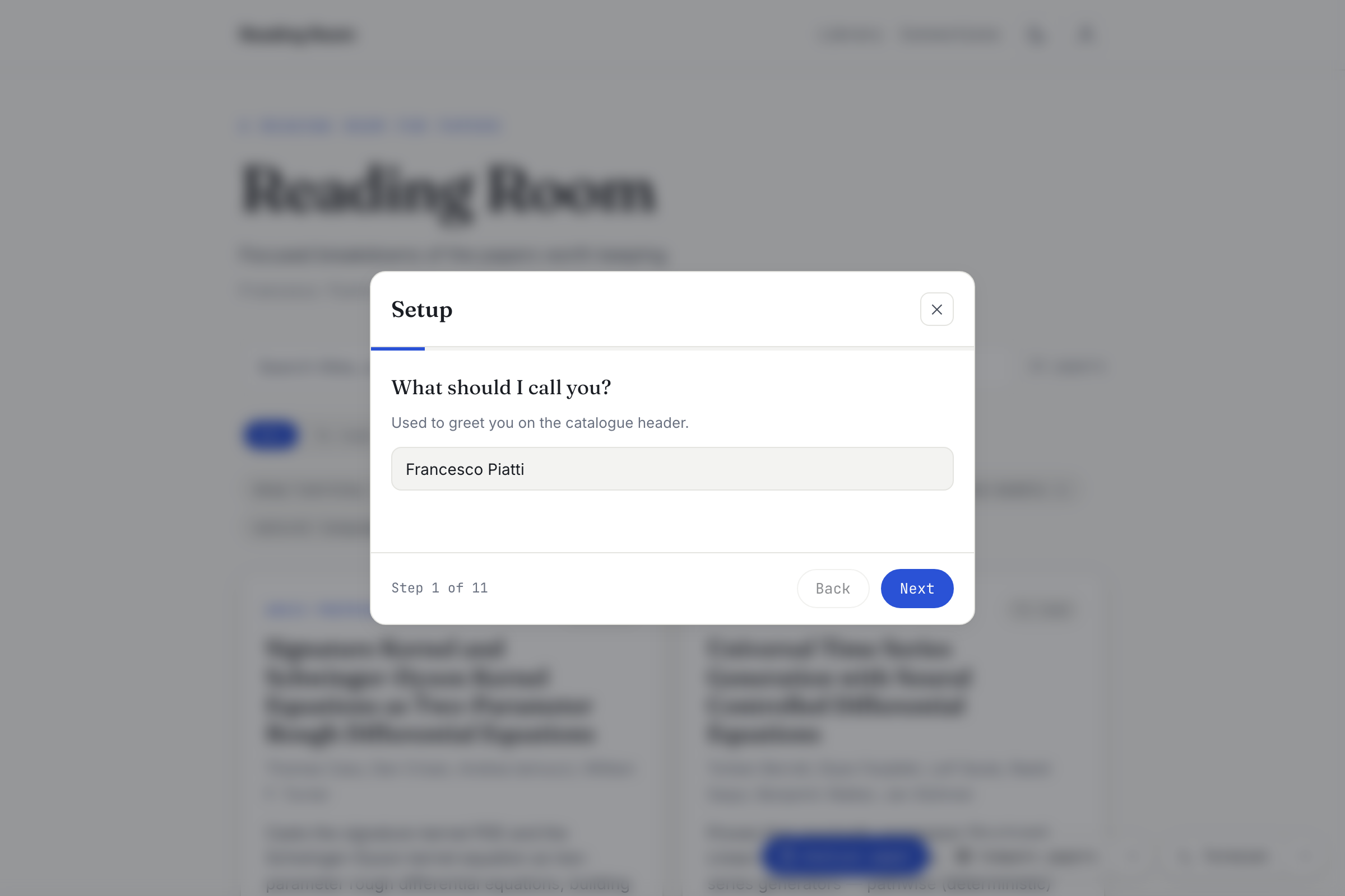 The Setup questionnaire — name, field, focus views, and defaults — over the blurred catalogue.